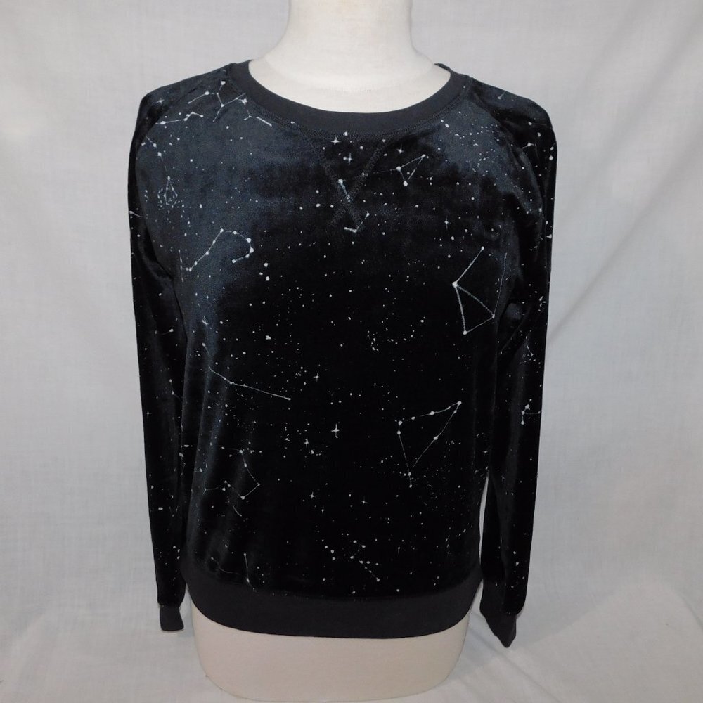 Suzy Shier Black White Space Constellations Velour Long Sleeve Top shirt Women S